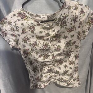 Art Class Floral Ribbed Short Sleeve Top - White and Pink